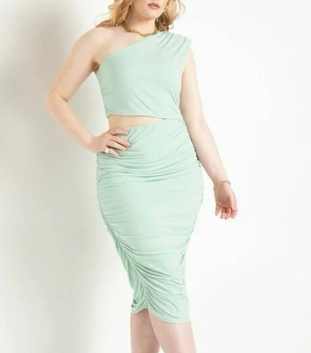 Eloquii One Shoulder Ruched Cutout Column Midi Dress Seafoam Green Cocktail 20